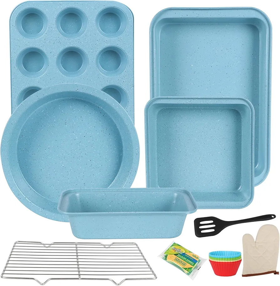 6-Pieces Baking Pans Set Nonstick, Bakeware Sets Stackable, Carbon Steel Oven Baking Set Easy to Use, Unique Blue Baking Sheet Set for Kitchen