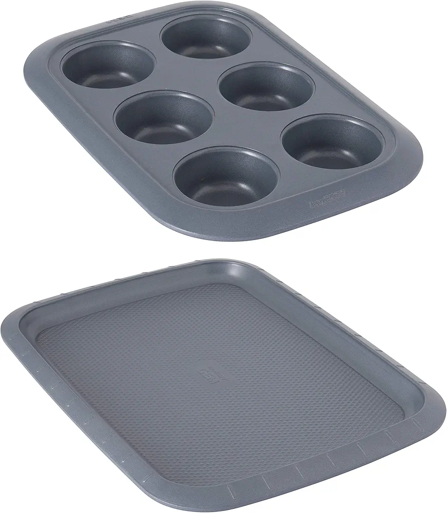 Berghoff GEM Non-stick Carbon Steel Set of 2pc Bakeware Cookie Sheet, 6-cup Cupcake Pan Grey Ferno-Green, PFOA Free Coating Even Baking Portion Control Oven & Dishwasher Safe
