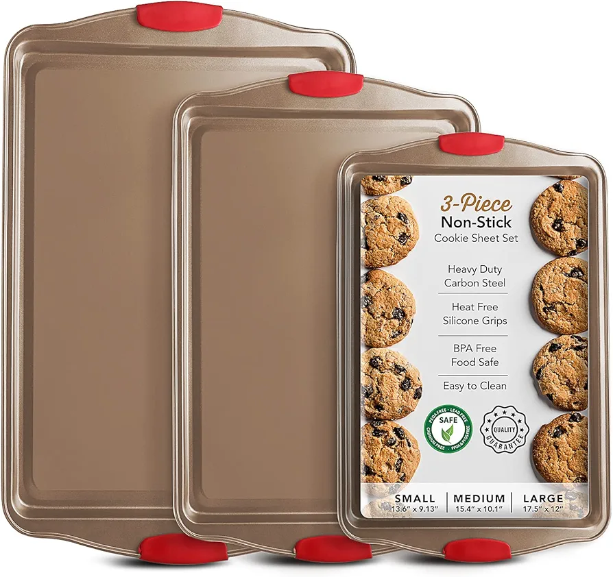 Baking Sheet Set, 3-Piece Cookie Sheet Set with Silicone Handles, Nonstick Steel Baking Pan, Durable Baking Sheets for Oven, BPA Free Baking Pans Set, Cookie Sheets for Baking Set, Brown Bakeware Sets