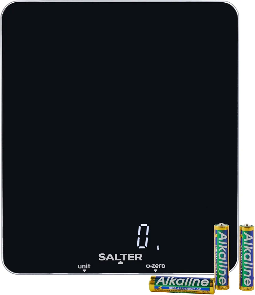 Salter 1180 BKDR Phantom Electronic Kitchen Scale – Digital Baking Scale, 5kg Capacity, Food Scale, Add & Weigh Tare Function, Hidden Until Lit Display, Slim Glass Platform, Measures Liquids, Black
