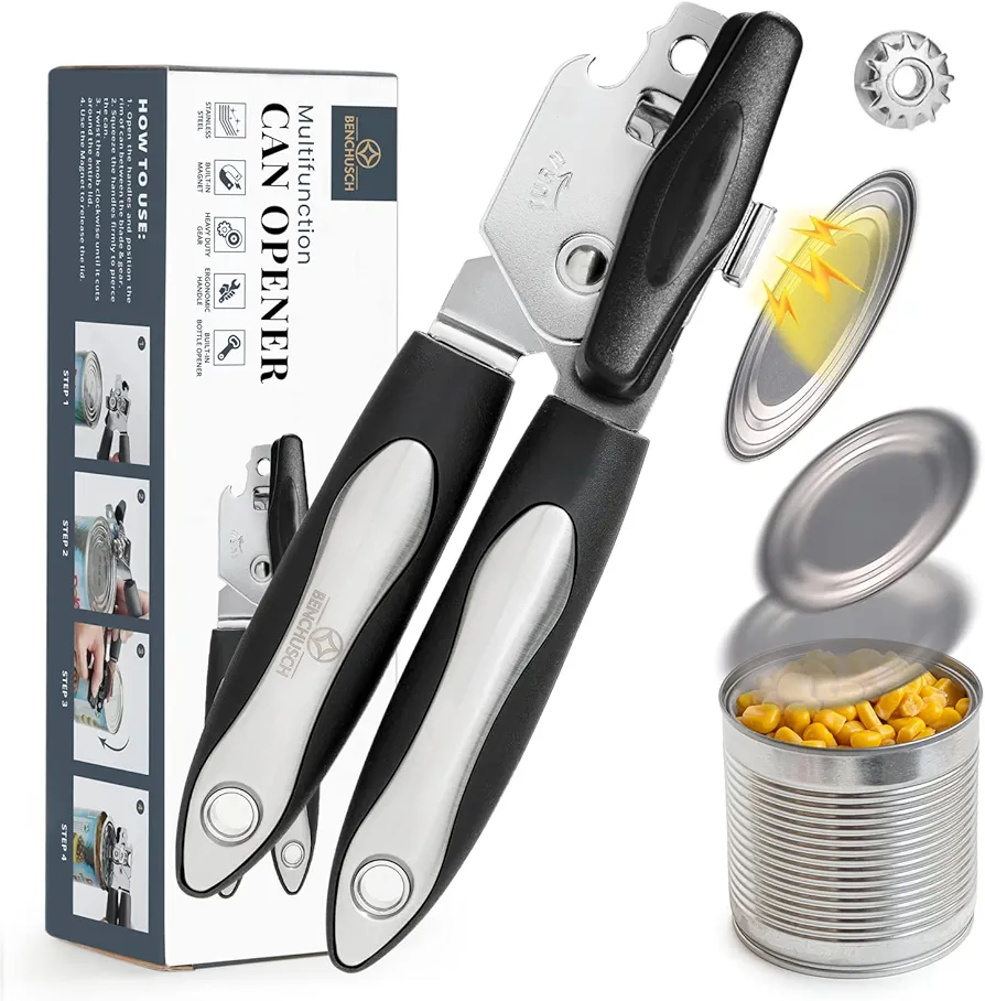 Can Opener Manual Handheld With Magnet, Lid-Lift Safety - Comfortable Anti-Slip Grip Handle And Big Turn Knob - Smooth Edge With Stainless Steel Sharp Blade - Heavy Duty Bottle Can Opener - Black