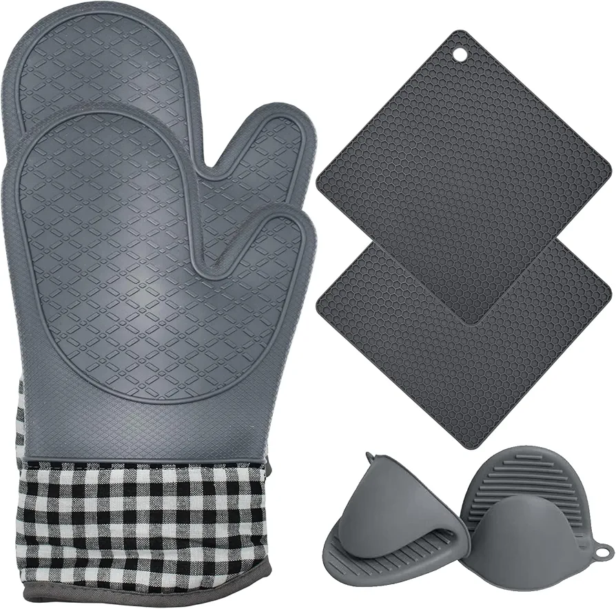 Silicone Oven Mitts and Pot Holders Sets, Extra Long Heat Resistant Oven Gloves with Hot Pads and Mini Oven Mits Set for Kitchen Cooking Baking, Soft Quilted Lining-6PCS (Gray)