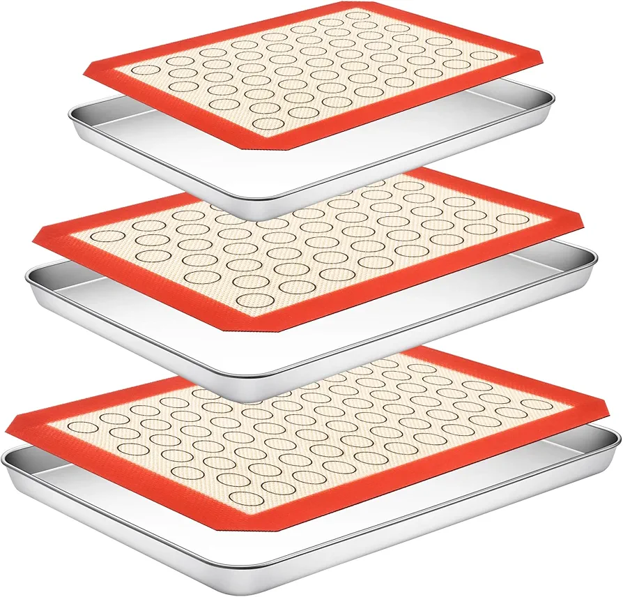 CEKEE 6PCS Quarter Baking Sheet with Silicone Mat Set, 3 Sheets & 3 Mats, 3 Sizes Stainless Steel Cookie Pan Trays, Kitchen Toaster Ovenware Bakeware, Dishwasher Safe & Non-toxic (9+12+16Inch)