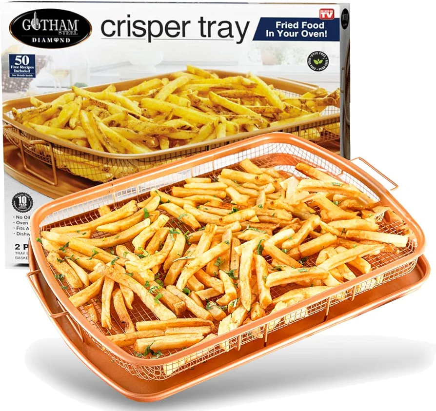 Gotham Steel Air Fryer Basket for Convection Oven, 2 Piece Nonstick Copper Crisper Tray, Also Great for Baking & Crispy Foods, Dishwasher Safe – XXL 16.5” x 12.5”