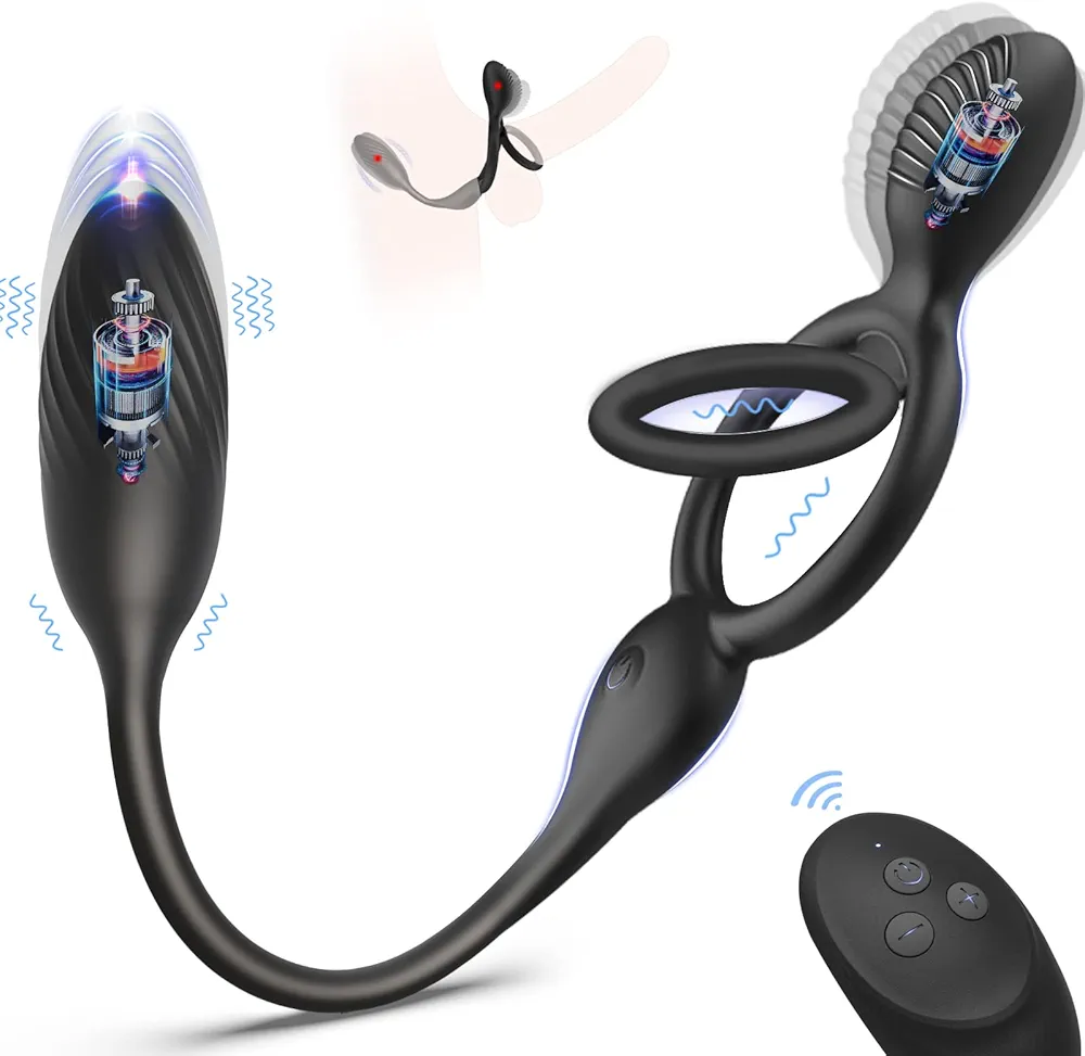 Vibrating Cock Ring Prostate Massager, lvhua 3 in 1 Dual Motor Couple Vibrator with 10 Vibration Modes, Penis Ring Clitoris Stimulator Butt Plug, Adult Sex Toys for Men Male Couples Remote Control