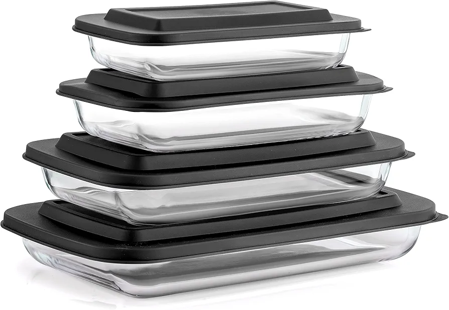JoyFul by JoyJolt 8pc Glass Bakeware Set. 4x Baking Pan Dishes and 4x Baking Dish Lids for Kitchen Storage, Deep Baking Sheet, Oven Tray, Rectangle Casserole Dish, Lasagna Pans, Cake Baking Sheets