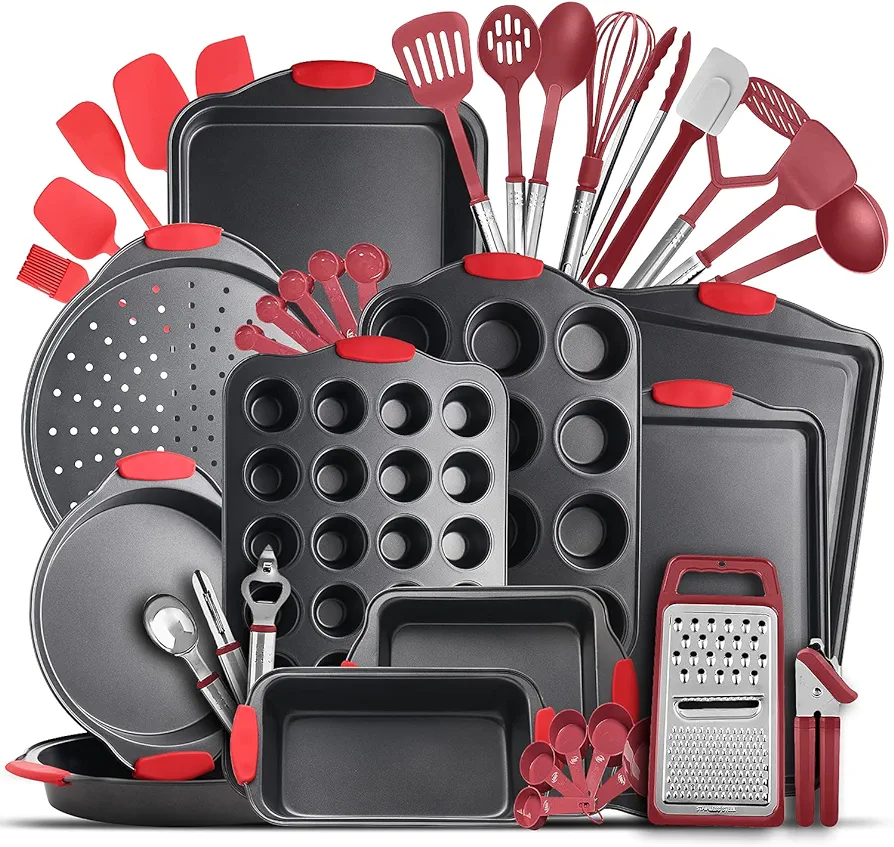 JOYTABLE Pans Set-39PC Silicone Handles, Durable Steel BPA Free Bakeware, Oven Safe Cookie Sheets for Baking Nonstick Set with Utensils-Brown, 39 Piece (JT-BS-BRN29PC-BLK)