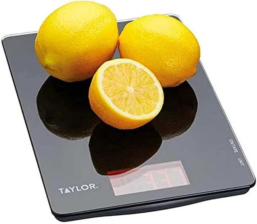 Taylor Pro Digital Ultra Thin Kitchen Food Scales, Compact Slimline Professional Standard with Tare Feature and Precision Accuracy, Black Glass, Weighs 5 kg Capacity