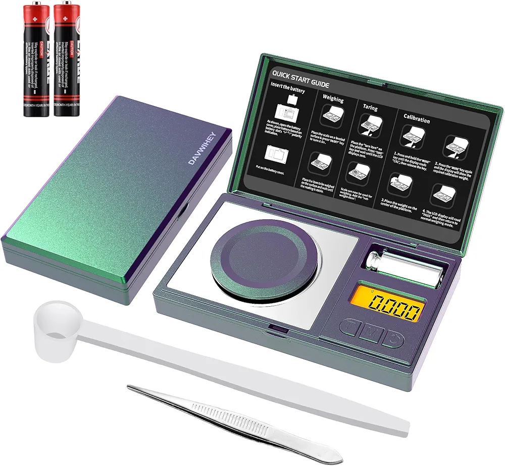 Milligram Scale 0.001 Gram Accuracy | 50g Precision Pocket Digital Scale for Reloading Powder Capsule Supplement Medicine Jewelry Gold Coins | 6 Units - g oz ct ozt DWT gn | Dazzling Green & Purple