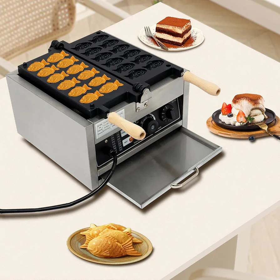 Mini Taiyaki Fish Waffle Maker 12pcs Fish-Shaped Waffle Making Machine with Non-Stick Stainless Steel Plate 1800W Electric Fish Waffle Iron with Timer and Temperature Control