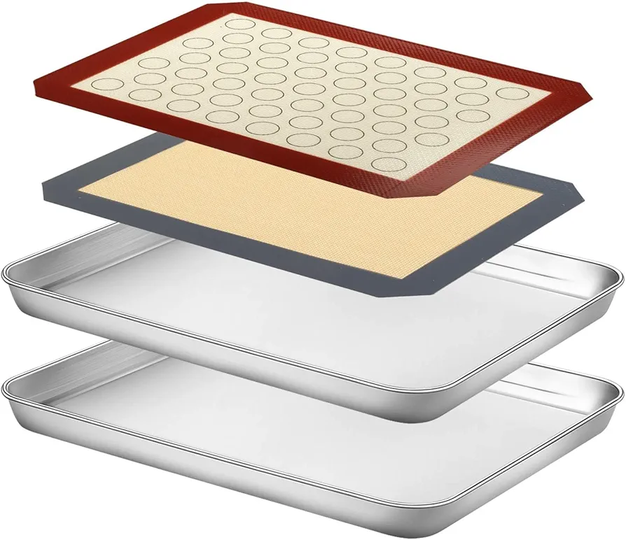 Baking Sheet with Silicone Mat Set, Yododo Set of 4 (2 Sheets + 2 Mats), Stainless Steel Cookie Sheet Baking Pan Tray with Silicone Mat, Non Toxic & Heavy Duty & Easy Clean - Size of 12 inch