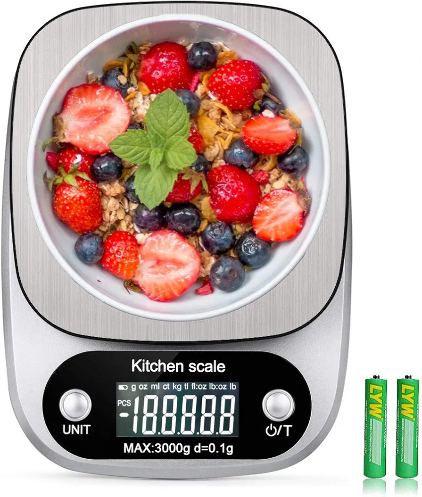 Digital Kitchen Food Scale 3000g/0.1g Multifunction Weight Scale Gram Ounces, Electronic Jewelry Scale High Precision LCD Display/Stainless Steel/Tare/G OZ ML CT KG TL LB FL:OZ/Batteries Included