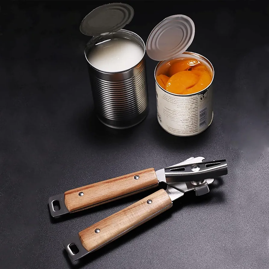 Stainless Steel Can Opener Manual Kitchen Acacia Wooden Handle With Hang Hole Durable (Can opener)