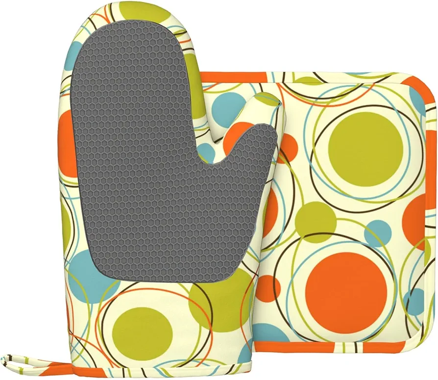 Retro Mid Century Dot Oven Mitts and Pot Holders Set of 2 Silicone Heat Resistant Oven Mitten Potholders Non Slip Gloves Kitchen Decor for BBQ Cooking Grilling Baking