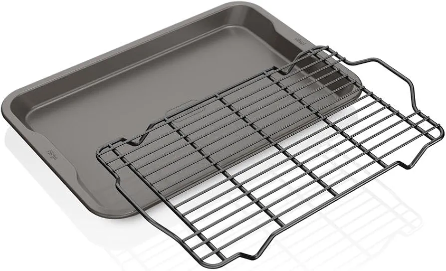 Ninja B32102 Foodi NeverStick Premium 2-Piece Bakeware Sheet Set, Nonstick, Oven Safe up to 500⁰F, with 10 x 15 inch Baking Sheet & 10 x 15 inch Cooling/Roasting Rack, Dishwasher Safe, Grey