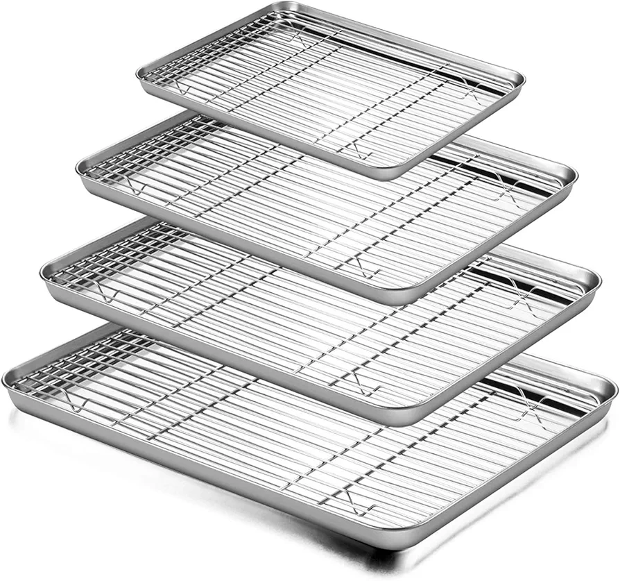 Baking Sheet and Rack Set, E-far Stainless Steel Rimmed Cookie Sheet Baking Pans Toaster Oven Tray with Cooling Rack, Non Toxic & Healthy, Rust Free & Dishwasher Safe - 8 Pieces (4 Pans + 4 Racks)