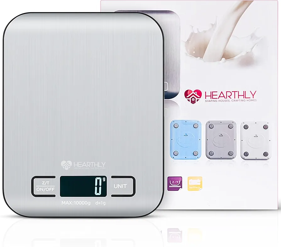 Digital Kitchen Scale with LCD Display, Batteries Included, Weighs up to 10Kg / 22 pounds, Scale for Food Ounces and Grams, 304 Stainless Steel - Silver Grey