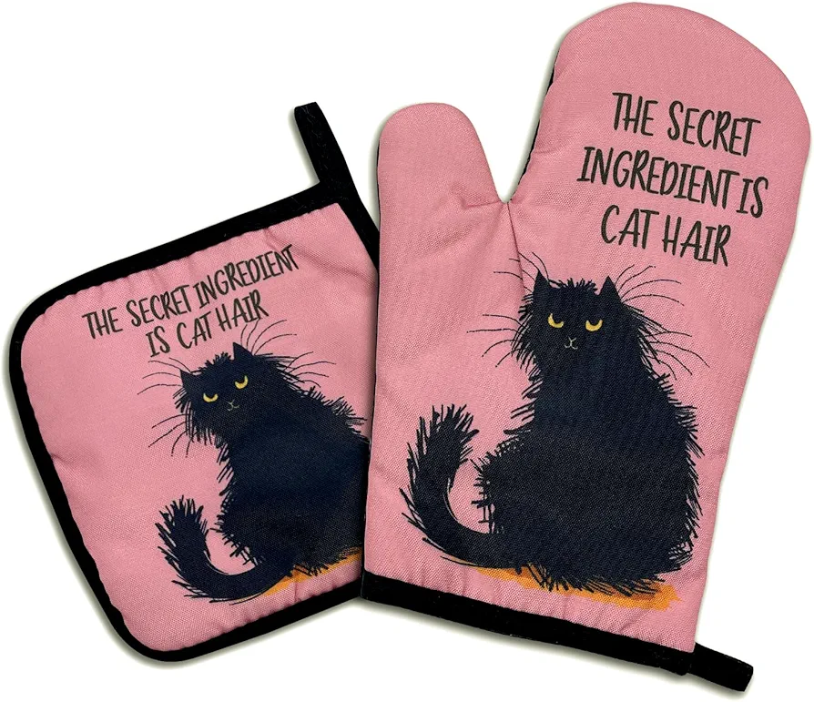 The Secret Ingredient is Cat Hair,Funny Oven Mitts and Pot Holders Sets of 2,Silicone Non-Slip Oven Mitts,Kitchen Gift for Men Women,Cooking Baking BBQ Gifts,Cat Oven Mitts,Cat Lover Gift