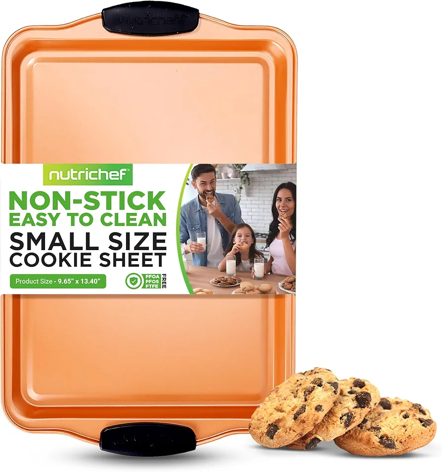 NutriChef 13” Non Stick Cookie Sheet, Small Copper Commercial Grade Restaurant Quality Carbon Metal Bakeware with Black Silicone Handles, Compatible with Model NCSBS3S45, NC5PCS