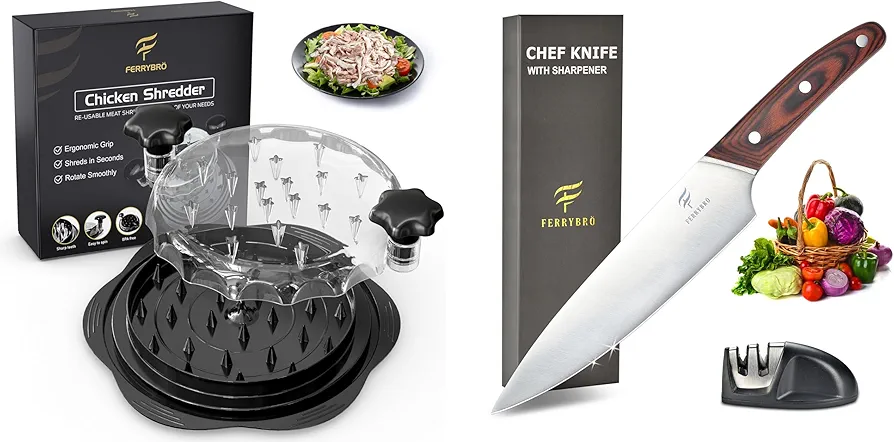 Ferrybro Chicken Shredder Tool Twist with 8" Chef Knife Set with Sharpener - Ultimate Kitchen Bundle for Shredding, Chopping & Slicing