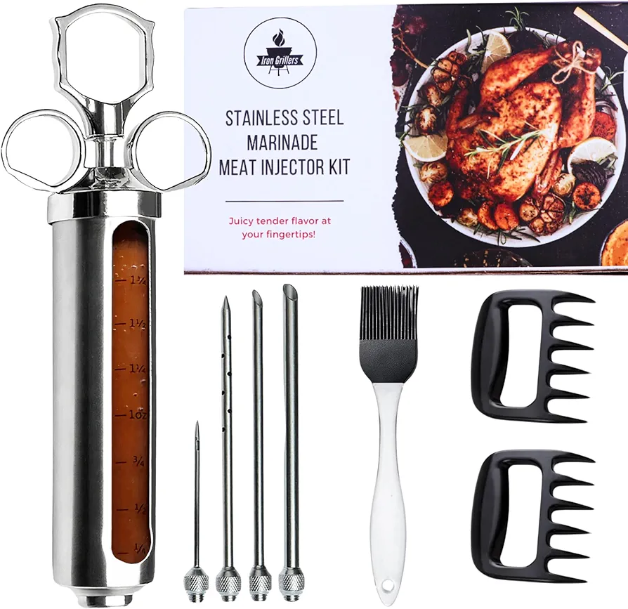 Professional Meat Injector Syringe Kit for Smoking & Grilling Turkey, Brisket, BBQ & More - Large 2 Oz Stainless Steel Capacity - Never Leaks or Clogs + Marinade Brush & Meat Shredder Claws