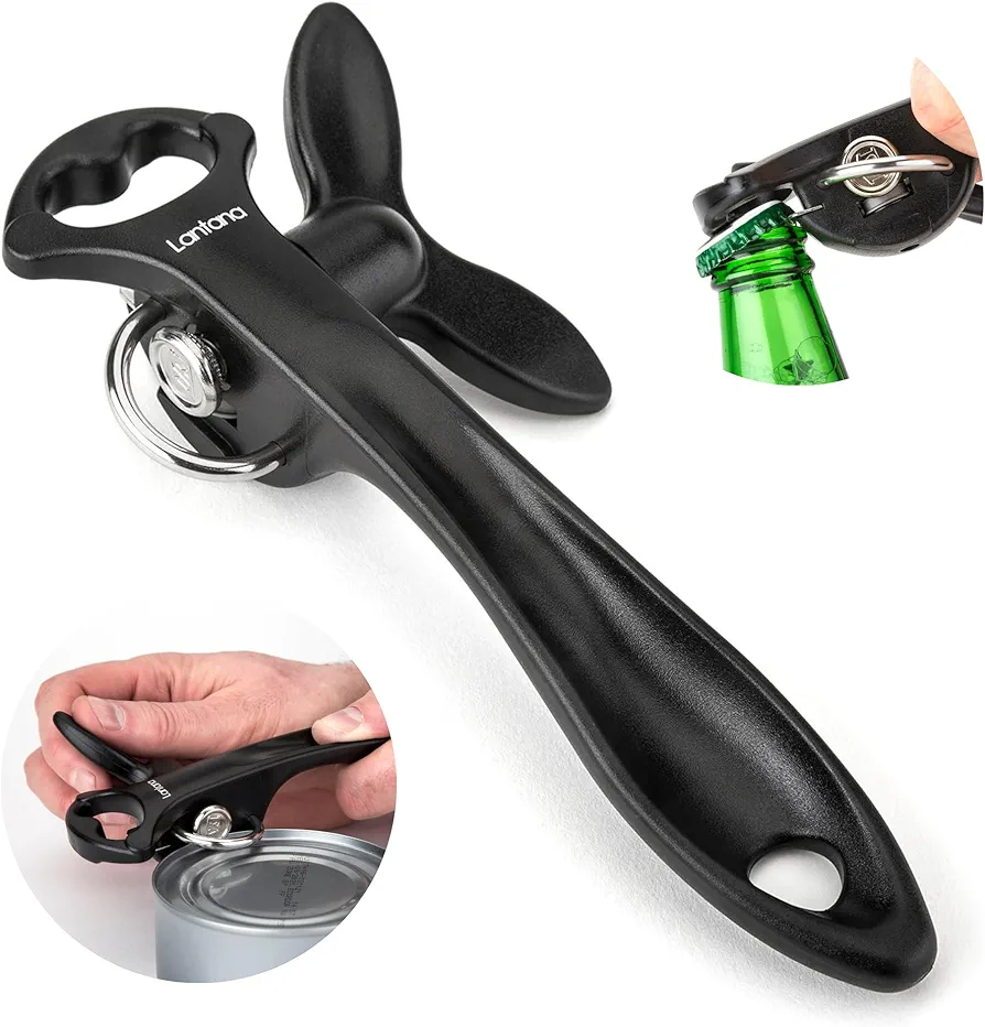 Lantana 2 in 1 Safety Manual Can Opener (Smooth Edge) & Bottle Opener - Black/Stainless Steel