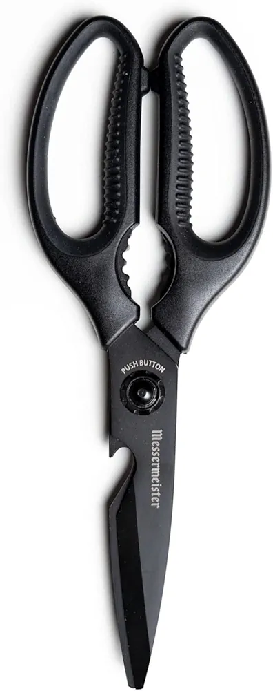 Messermeister 9-Inch Push Button Take-Apart Shears - High-Carbon Stainless Steel & Soft-Grip Handles - Includes Nut Cracker & Bottle Opener