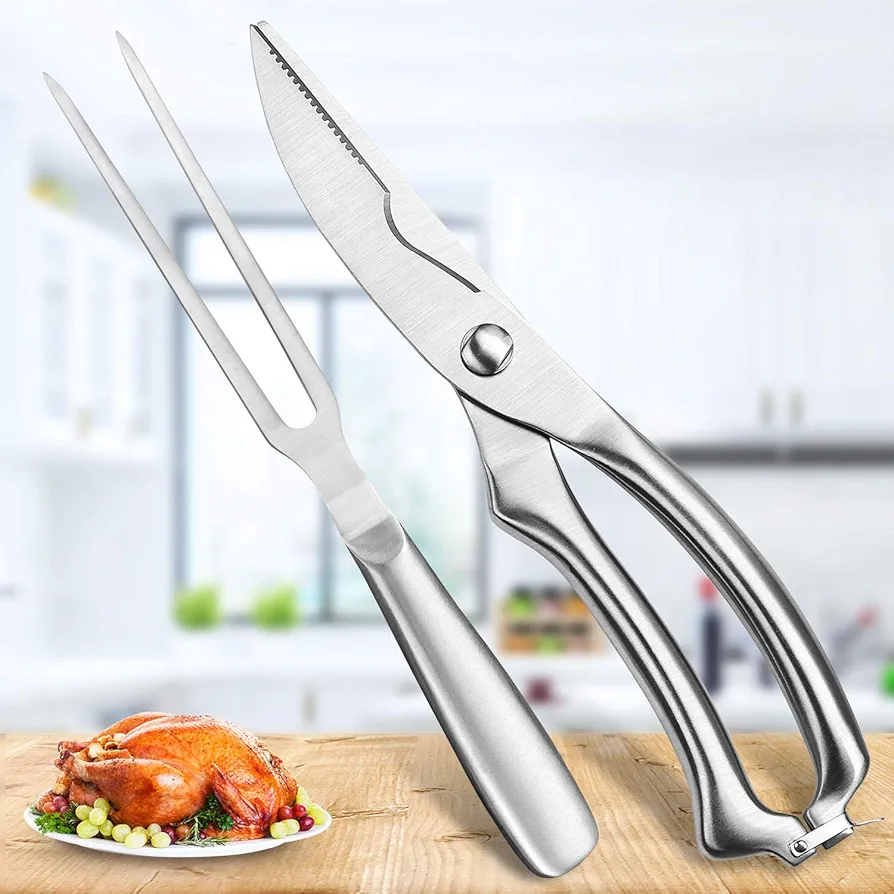 Poultry Shears, Heavy Duty Kitchen Shears with Serrated Edge, No Rust Spring Loaded, Multipurpose Stainless Steel Kitchen Scissors for Chicken, Bone, Meat, Turkey, Fish, All Purpose Kitchen Shears