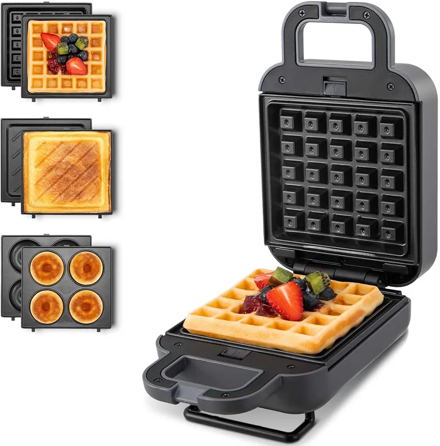 Waffle Maker Mini, Sandwich with Removable Plates, Belgian Small Breakfast, Donut Maker, 3-in-1 Non-Stick, Compact Design, Keto Chaffles, Grilled Cheese, Paninis, Gray 600W, 8.15 x 5 x 3.6 inches
