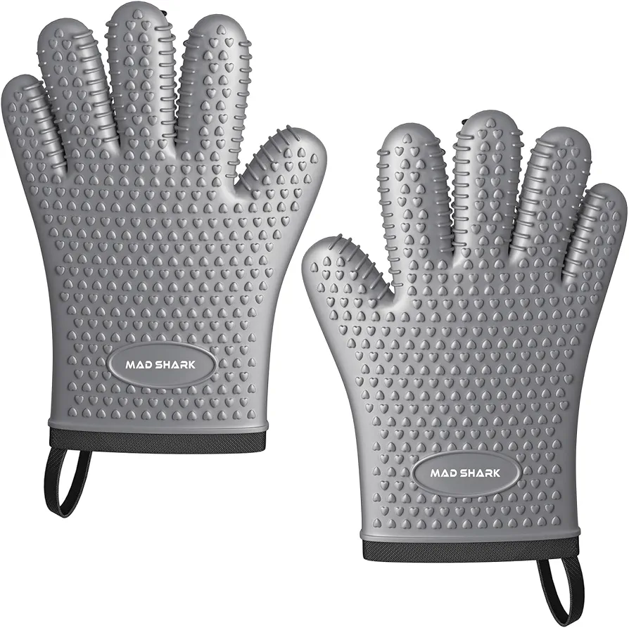 MAD SHARK Oven Mitts Silicone Oven Gloves 450 Degrees Heat Resistant and Waterproof, Kitchen Oven Gloves with Soft Cotton Lining, Oven Mitts for Woman Cooking Baking Barbecue (Grey)