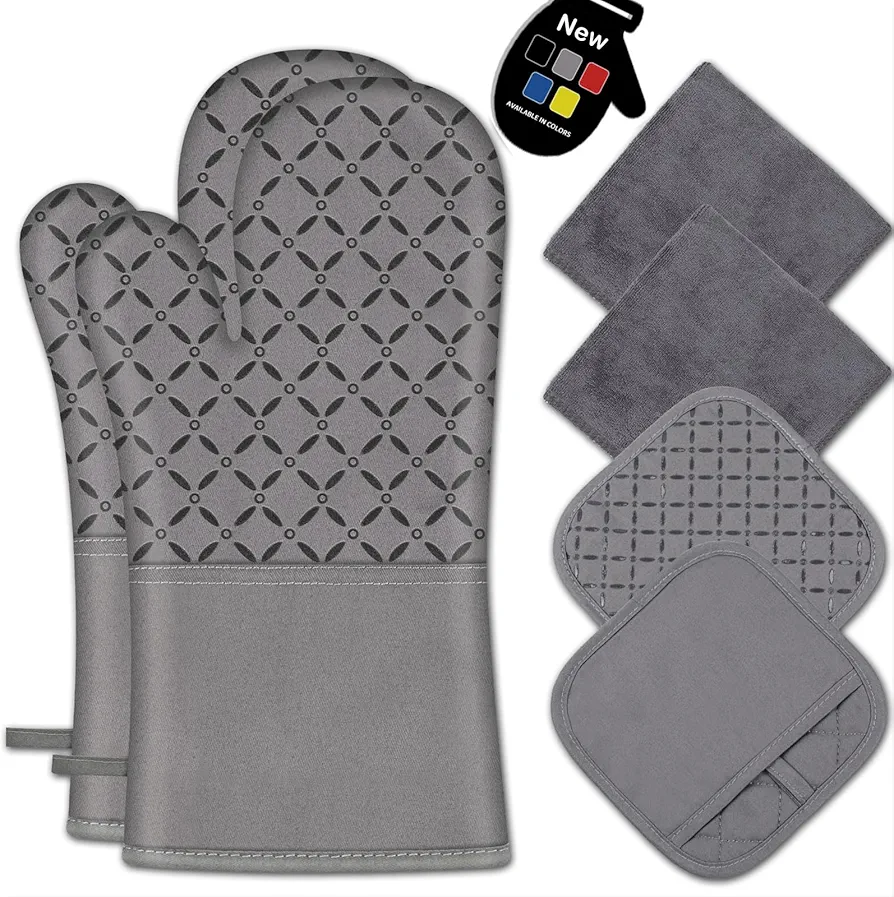 6Pcs Oven Mitts and Pot Holders, 500°F Heat Resistant Oven Mitts with Kitchen Towels Soft Cotton Lining and Non-Slip Silicone Surface Safe for Baking, Cooking, BBQ