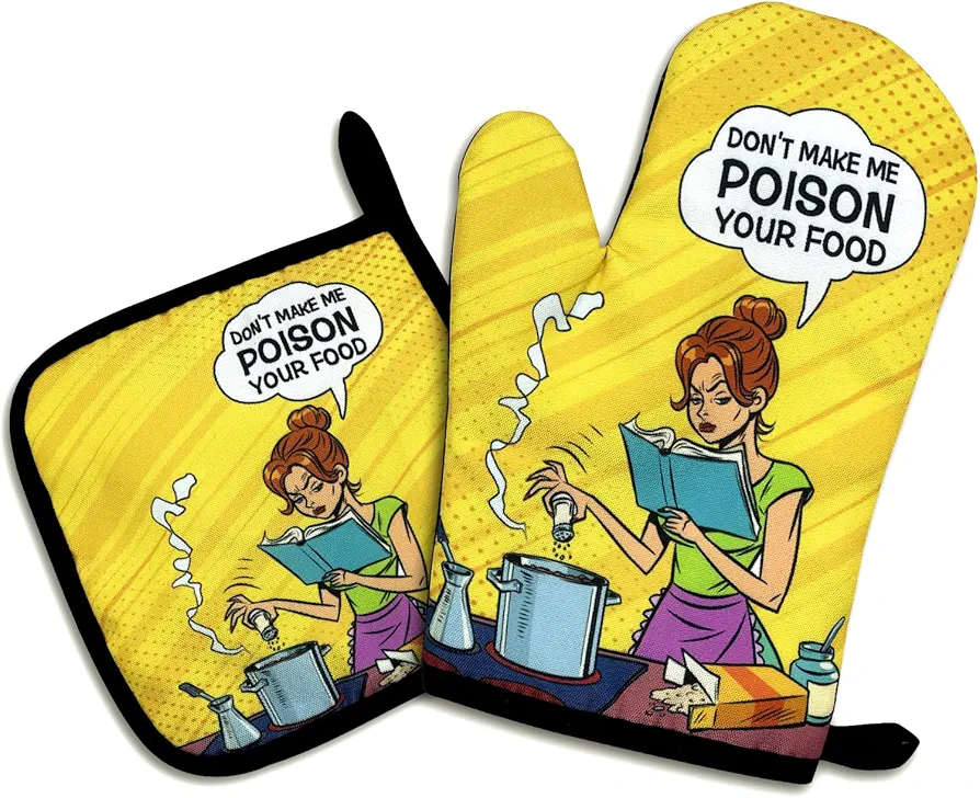 Don't Make Me Poison Your Food,Funny Oven Mitts and Pot Holders Sets of 2,Silicone Non-Slip Oven Mitts,Kitchen Gift for Women,Cooking Baking BBQ Gifts,Housewarming Gifts