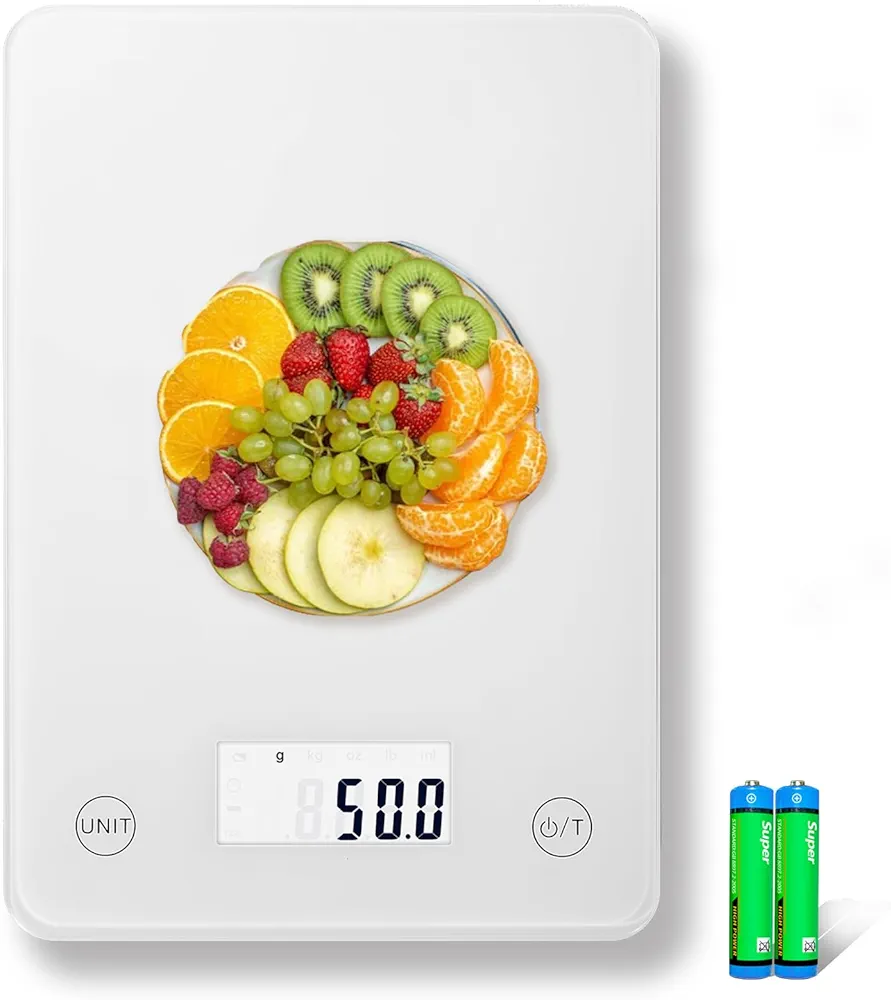 MEIYA Digital Kitchen Food Scale, 22lb/10Kg Scale for Food Ounces and Grams, 1g/0.1oz Precise, Waterproof Tempered Glass, 5 Weight Units, Tare Function, only powerd by AAA Batteries