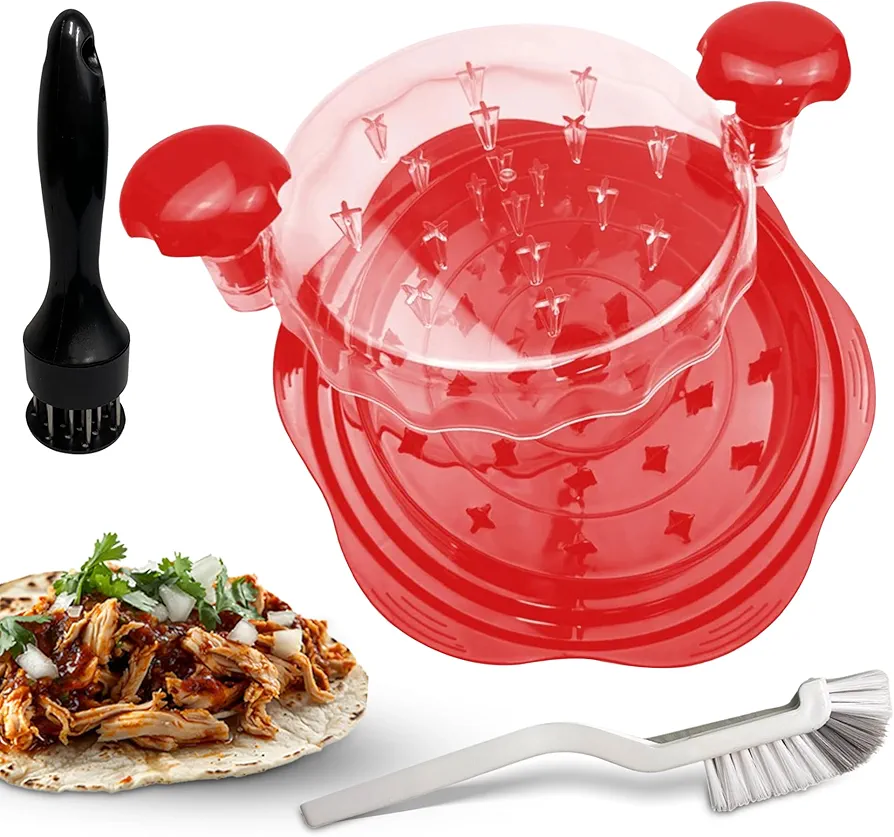 Chicken Shredder Tool – Large Chicken Breast Shredder and Grinder with Meat Tenderizer & Brush, Visible Chicken Shredder Twist for Pork, Beef & Chicken – Ergonomic BPA-Free Design (Red)