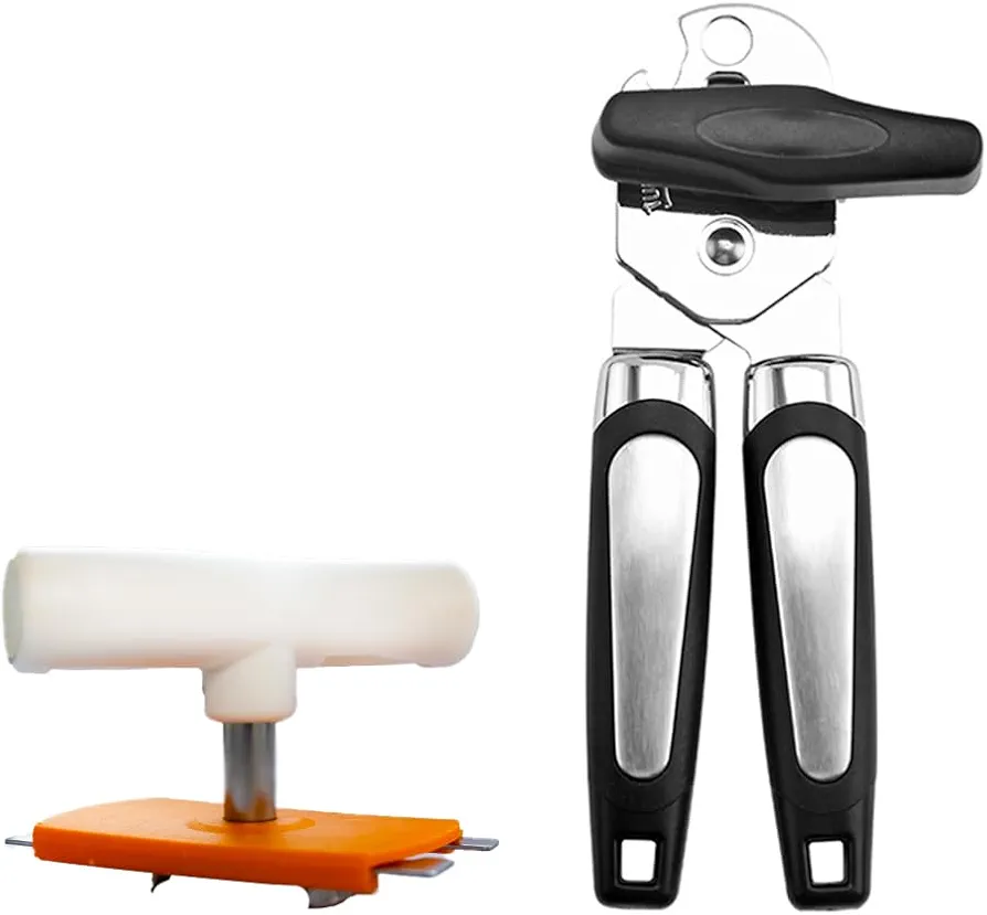 Can Opener Manual,Stainless Steel Smooth Edge Can Opener with Big Effort-Saving Knob, Soft Touch Handle, Built in Bottle Opener,Includes Complimentary Jar Opener
