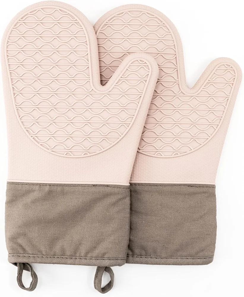 LB Silicone Oven Mitts Heat Resistant Oven Mitts Set with Soft Quilted Cotton Lining, Gloves Pot Holders and Oven Mitts Sets for Kitchen Cooking and BBQ, Easy Clean 2-Piece Set (Pink)