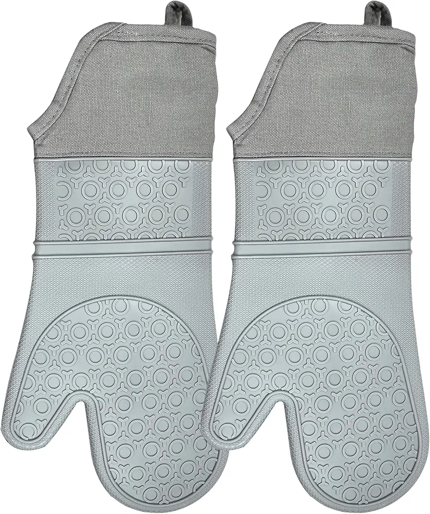 Extra Long Silicone Oven Mitts – Heat-Resistant, Waterproof BBQ Gloves for Baking, Cooking, Grilling – Non-Slip Design with Extended Forearm Protection, Comfortable Quilted Liner (Gray)