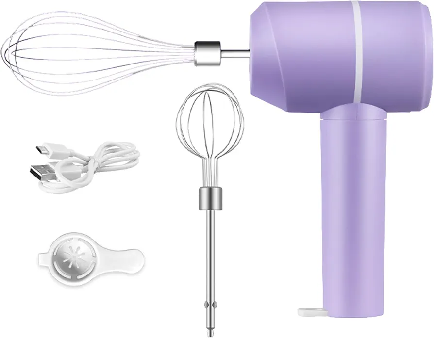 Cordless Hand Mixer- 20W Electric Whisk USB Rechargeable Handheld Electric Mixing with 3 Speed Self-Control,304 Stainless Steel Egg Beaters & Balloon Whisk Purple1