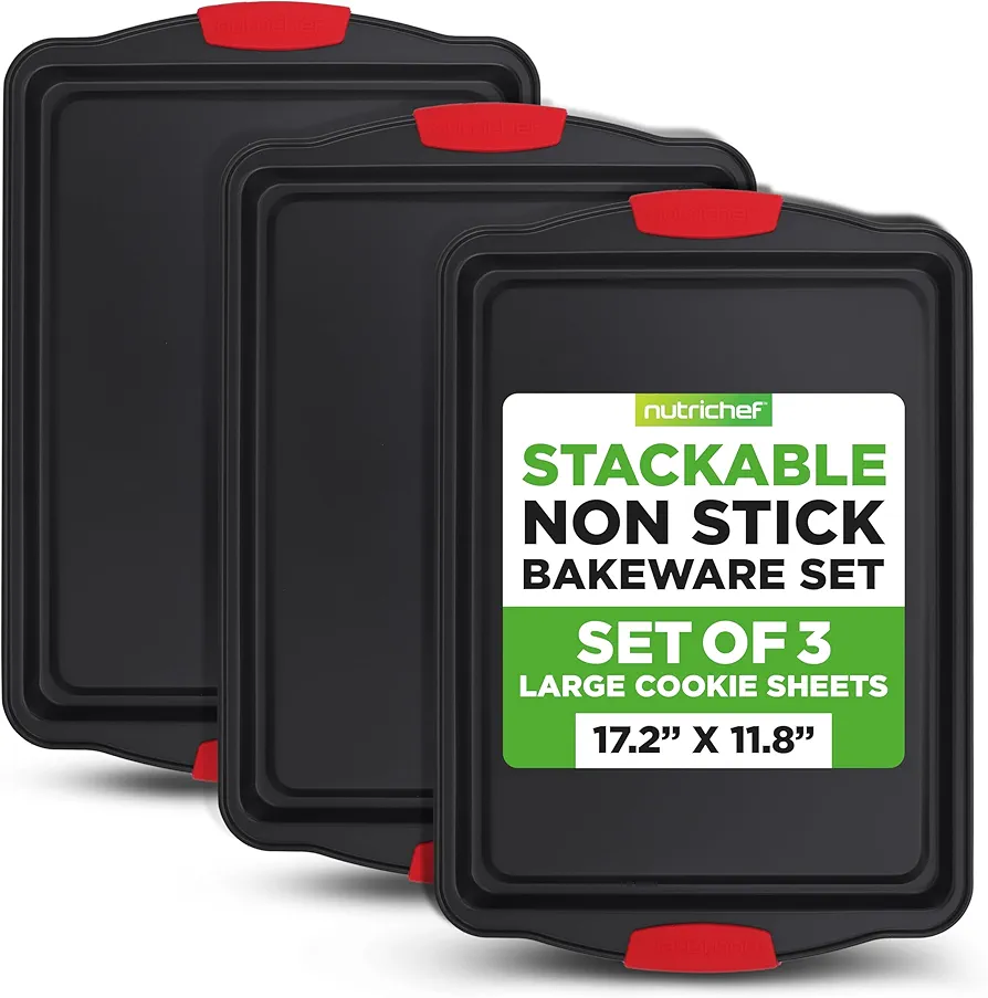 NutriChef 3-Piece Large Nonstick Cookie Sheet Tray Set with Silicone Handles - Durable Carbon Steel, Oven Safe to 450°F, Easy to Clean, Made from Food-Grade Materials, 17.2”x11.8”x0.7” Inch