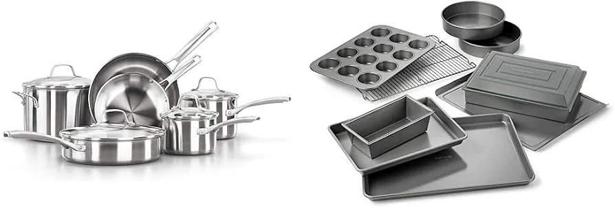 Calphalon 10-Piece Pots and Pans Set, Silver & Nonstick Bakeware Set, 10-Piece Set Includes Baking Sheet, Cookie Sheet, Cake Pans, Muffin Pan, and More, Dishwasher Safe, Silver