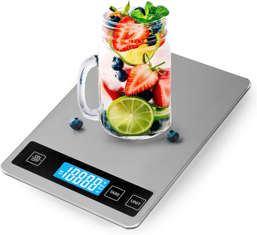 33lbs (15kg) Rechargeable Kitchen Scale, 5 Units LCD Display Tempered Glass Digital Scale, 1g/0.1oz Precise Stainless Steel Food Scale for Cooking Baking