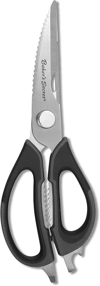 Baker's Secret - All Purpose Kitchen Scissors, 8.5" Stainless Steel with Nut Cracker feature, Bottle Opener, Kitchen Shears, Dishwasher Safe - Black Handle