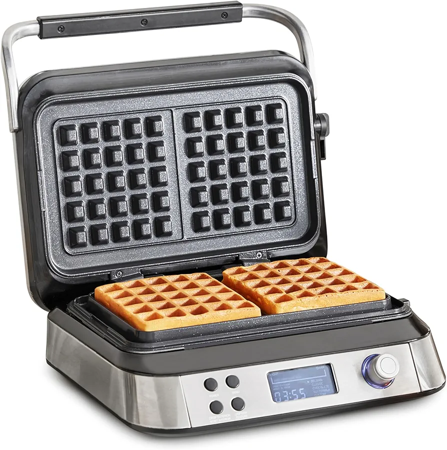 GreenPan Stainless Steel 2-Square Waffle Maker Iron, Healthy Ceramic Nonstick Plates, Adjustable Shade & Crunch Settings, Large Moat Prevents Overflow, Easy-to-use Presets LED Display, PFAS-Free