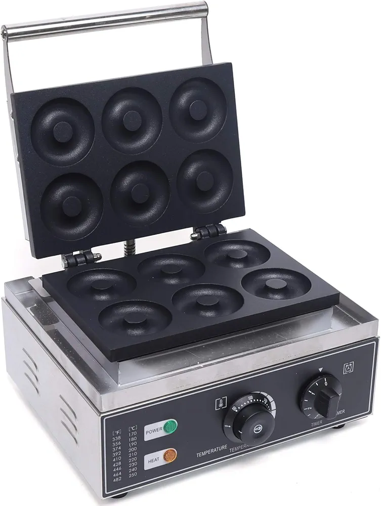 1550W 6 Hole Double Sided Nonstick Commercial Electric Donut Maker, Electric Indoor Waffle Maker with Nonstick Cast Iron Sheet Pan, Temperature Controlled Bread Toaster