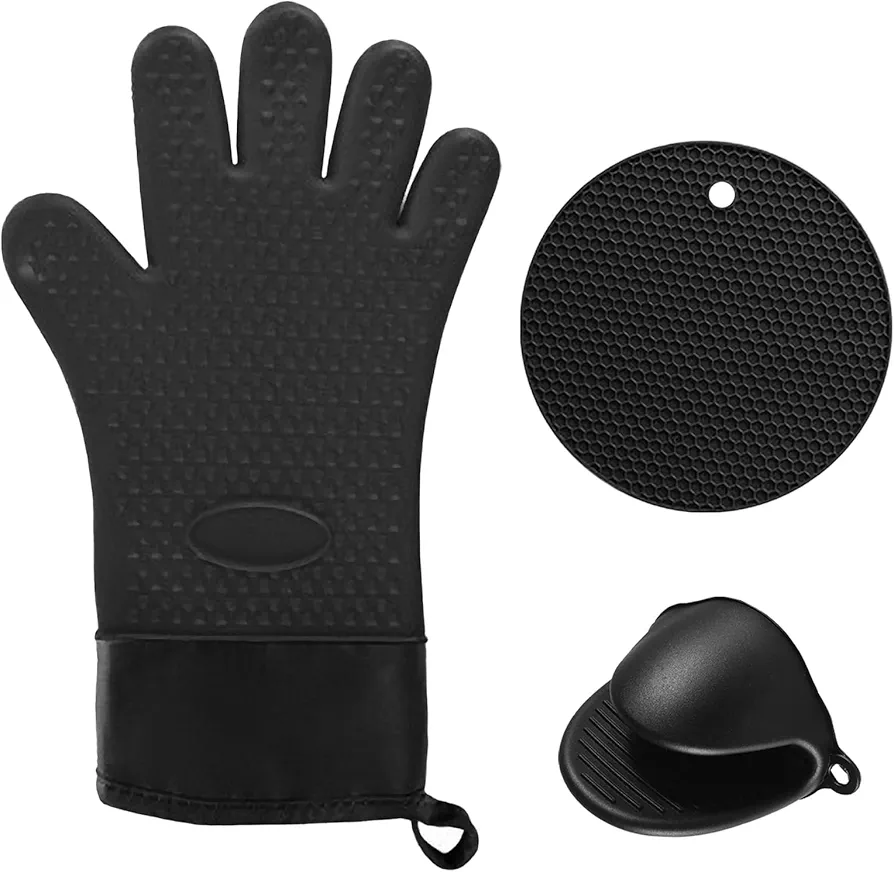 3pcs Extra Long Oven Mitts and Pot Holders Sets, Silicone Oven Mittens with Mini Oven Gloves and Hot Pads, Heat Resistant Kitchen Mitt Potholders for Kitchen Baking Cooking (Black)