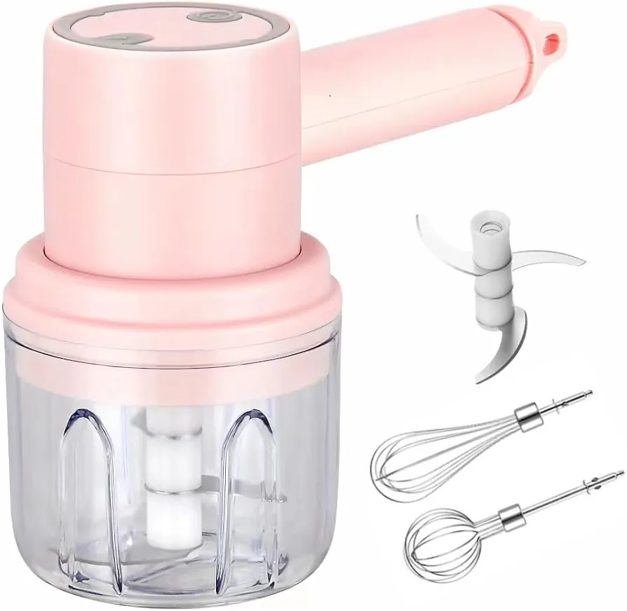 Multi-Functional hand Portable Electric Cutter Set,Rechargeable Wireless Food Processor for Garlic,Peppers,Onions,Celery,Ginger,Meat Grinder With 3 Sharp Blades, Comes with Egg & Cream Beater(pink)