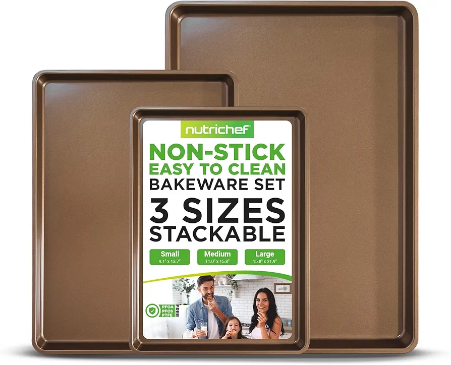 NutriChef 3-Piece Nonstick Cookie Sheets for Baking - Thick & Premium Steel Baking Pans in 3 Convenient Sizes - XL(21"x15"), M(15"x11"), S(13"x9") - Stackable & Dishwasher Safe Bakeware, Light Brown