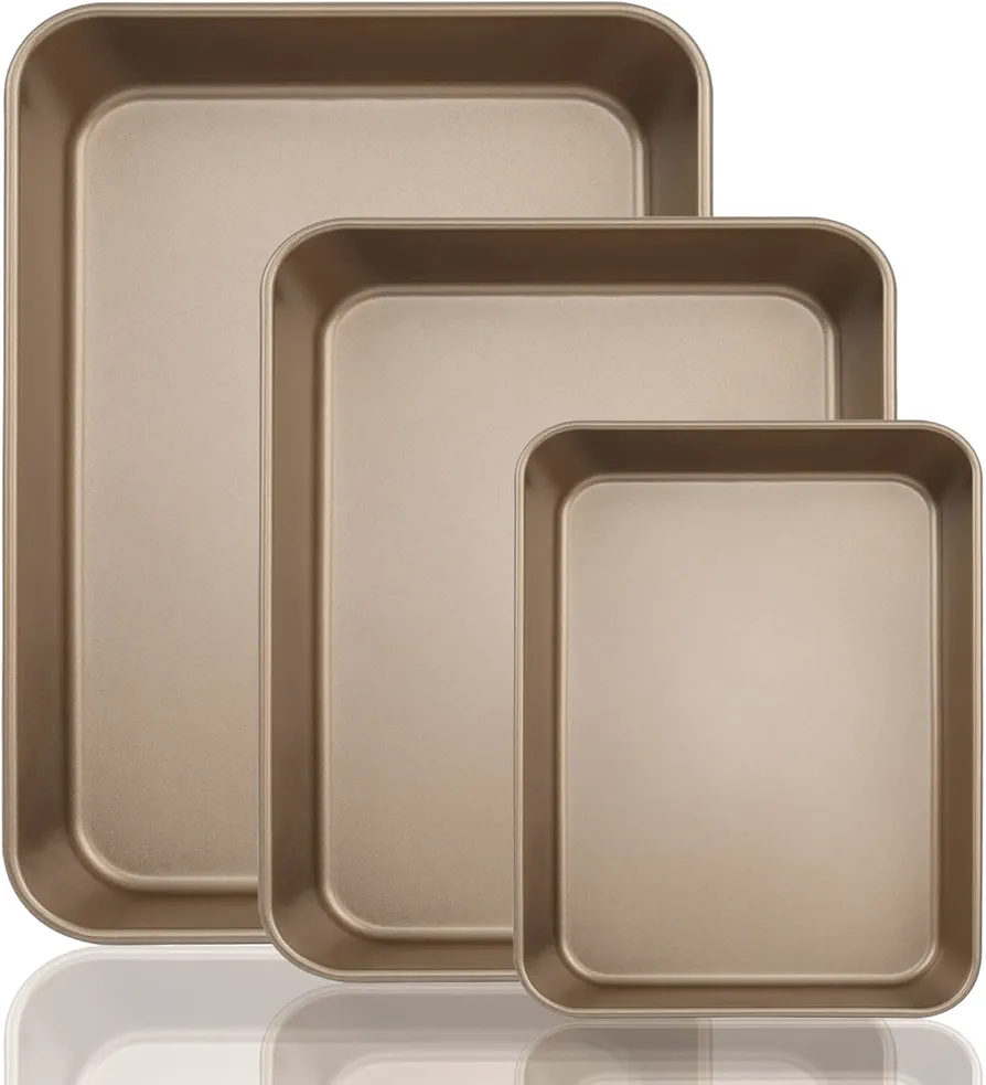 Baking Sheet Pans,3 Pack Baking Pan Nonstick Cookie Sheet Brownie Cake Pan Bread Pan,Heavy Duty Loaf Pan Rectangle & Roasting - Nonstick & Easy to Clean,9 Inch,11 Inch,13 Inch(Gold)