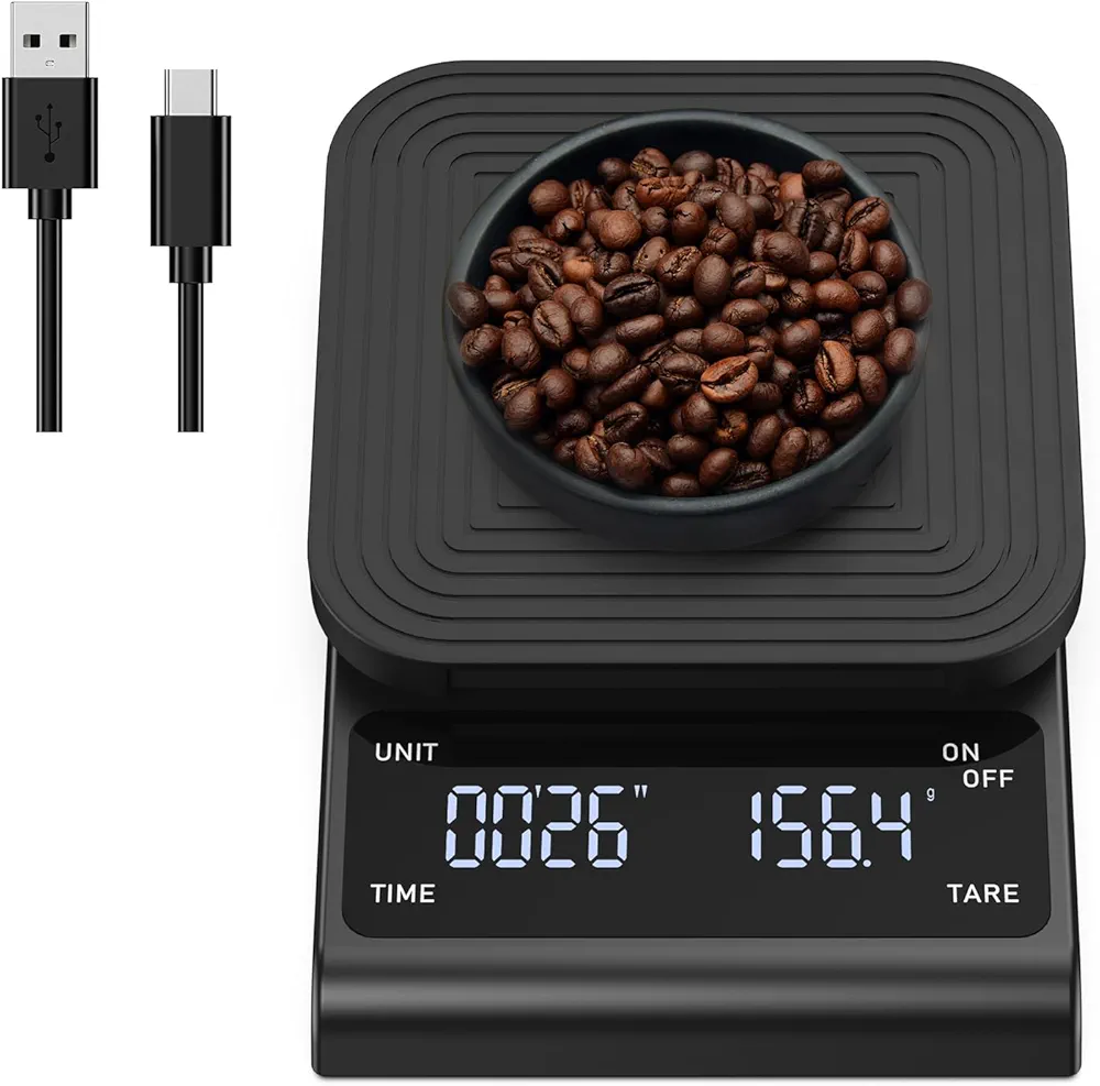 LOFICOPER Coffee Scale with Timer, Rechargeable Espresso Scale with Timer, 3kg/0.1g Pour Over Coffee Scale, Precision Kitchen Scale with Tare, Touch Button, Measures in g/oz/ml, Batteries Included