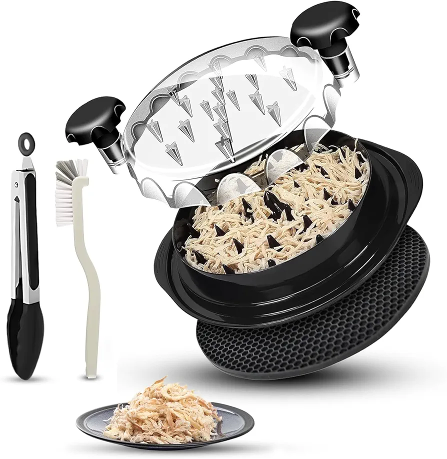 Pro Chicken Shredder Large Tool Twist with Anti-Slip Mat, Easy Cleaning Brush & Tongs, Meat Shredder for Pulled Pork Beef and Chicken with Ergonimic Handle, BPA Free with Non-Slip Strip